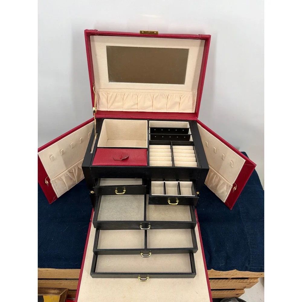 Vtg Large Red Leather Jewelry Box Organizer Multi Drawer Storage Chest Mirror